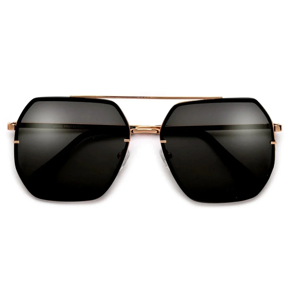 Sunglasses Flat‎ Top Fashion Forward Gold UV400 Protection Dark Black Lens Women